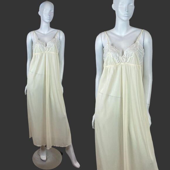 VTG Empire Waist Nightgown Maxi Slip Lingerie Lace Trim Sheer Romantic Boho - Picture 2 of 11